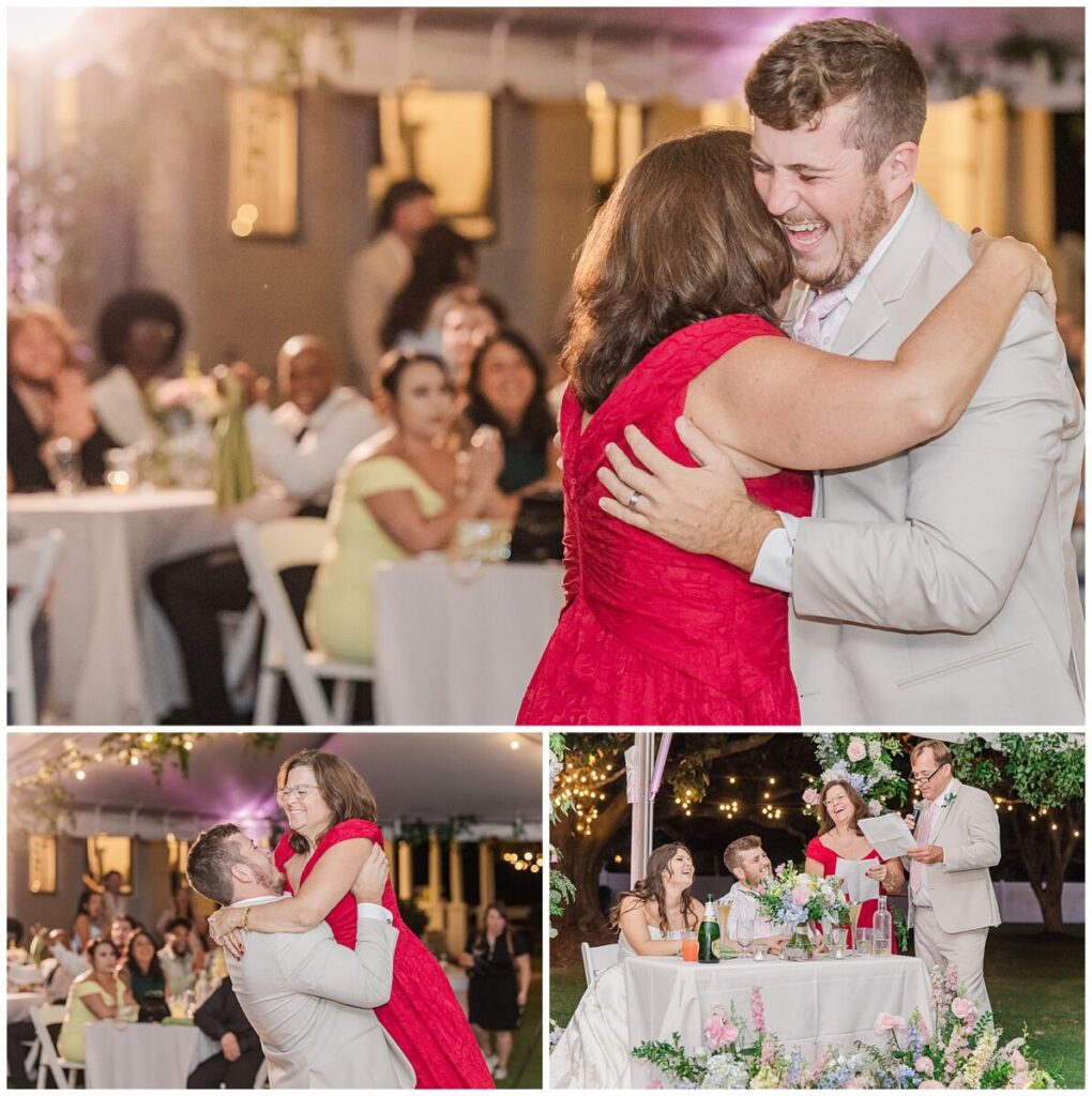 A fun wedding party enjoying their wedding reception at an estate wedding venue in North Carolina by JoLynn Photography