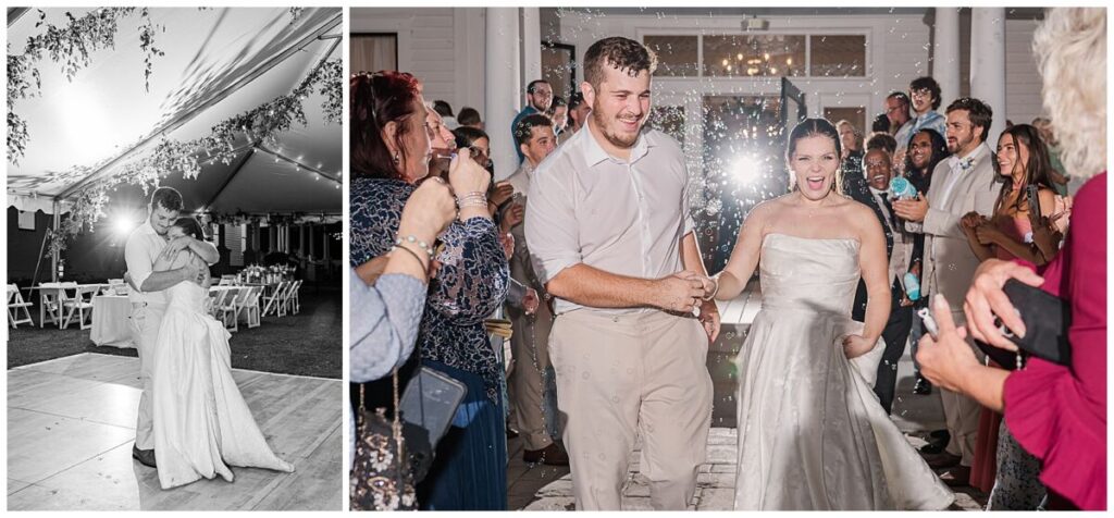 A fun wedding party enjoying their wedding reception at an estate wedding venue in North Carolina by JoLynn Photography