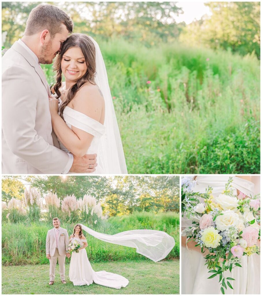 A loving couple dressed in tan, an array of pastels, and surrounded by garden greenery on their fall wedding day at an estate wedding venues North Carolina by JoLynn Photography