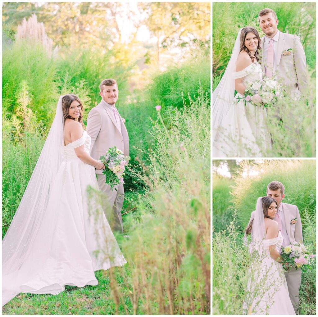 A loving couple dressed in tan, an array of pastels, and surrounded by garden greenery on their fall wedding day at an estate wedding venues North Carolina by JoLynn Photography