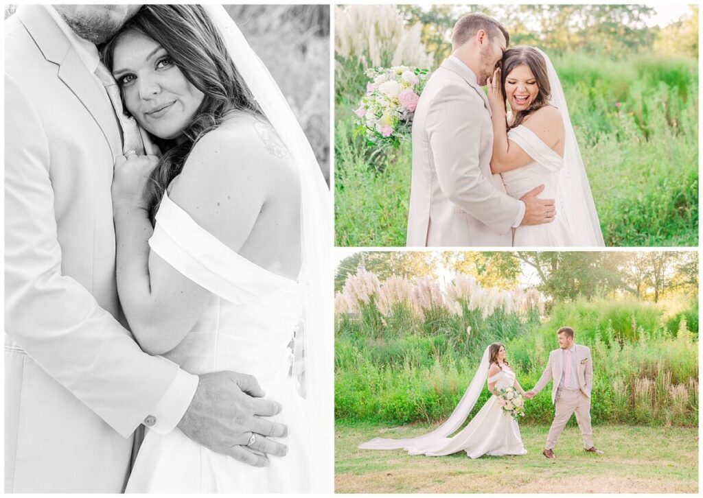 A loving couple dressed in tan, an array of pastels, and surrounded by garden greenery on their fall wedding day at an estate wedding venues North Carolina by JoLynn Photography