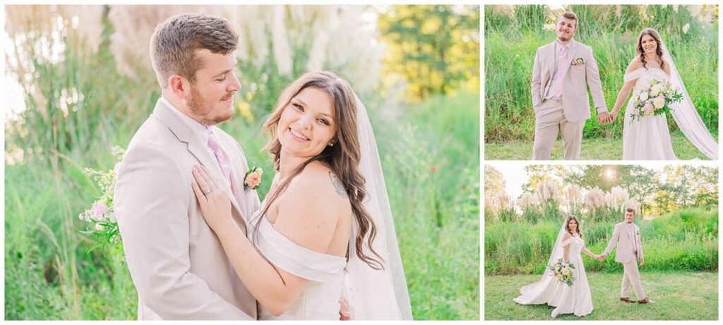 A loving couple dressed in tan, an array of pastels, and surrounded by garden greenery on their fall wedding day at an estate wedding venues North Carolina by JoLynn Photography