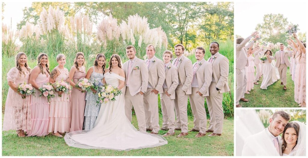 A loving couple dressed in tan, an array of pastels, and surrounded by garden greenery on their fall wedding day at an estate wedding venues North Carolina by JoLynn Photography