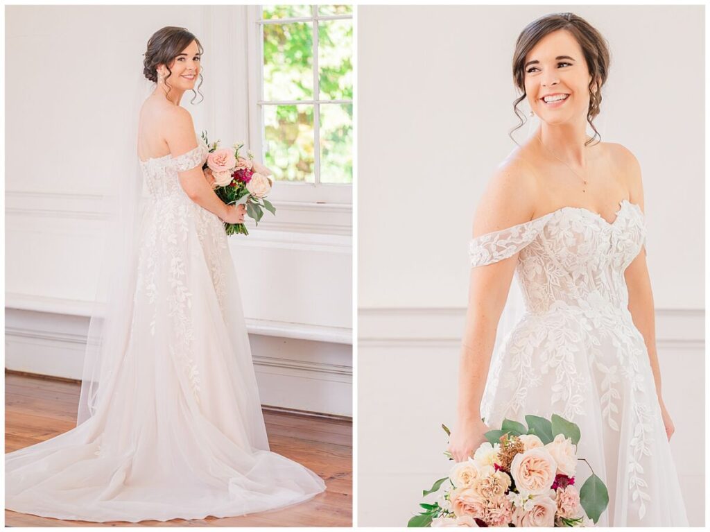 Glowing summer bridal portraits in the all white chapel with warm pink and white flowers in front of a glowing green window at Waverly Estate by JoLynn Photography