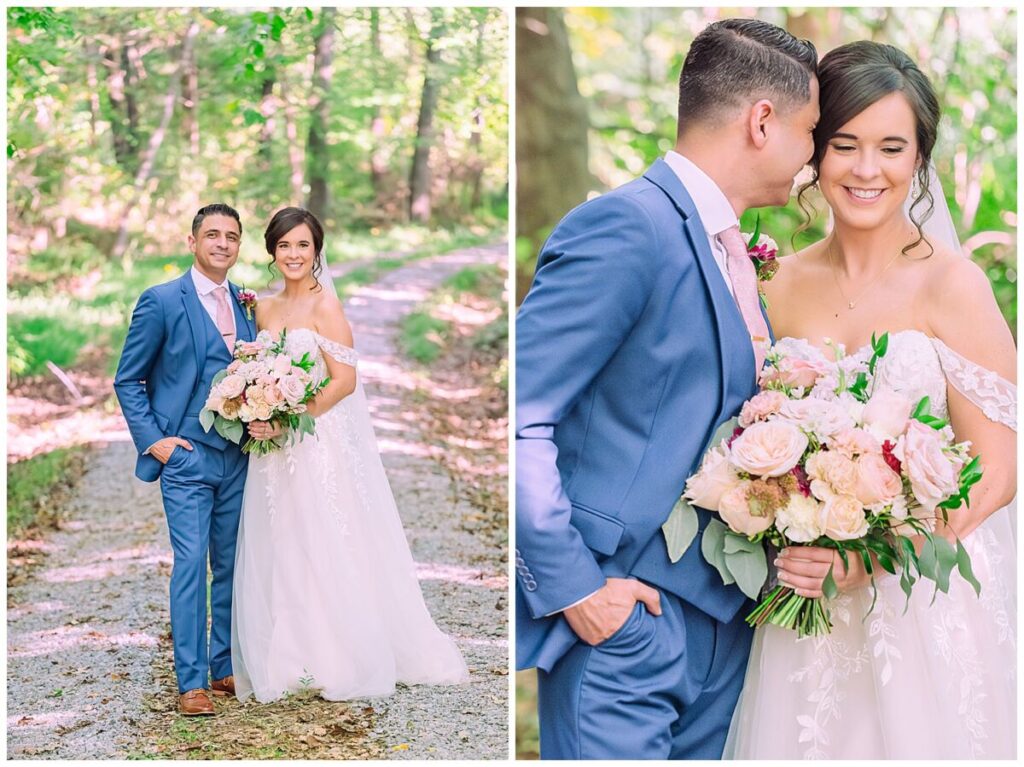 A happy newly wed couple sharing beautiful wedding portraits in the bright green woods at Waverly Estate during their summer wedding by JoLynn Photography