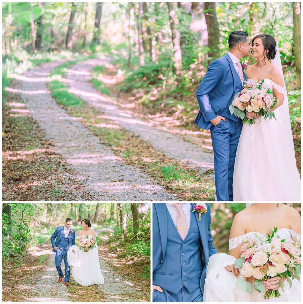 A happy married couple walking in the woods during their summer wedding