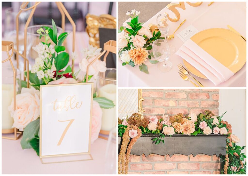 Beautiful wedding reception details of pink, red, and pops of gold at Waverly Estate by JoLynn Photography