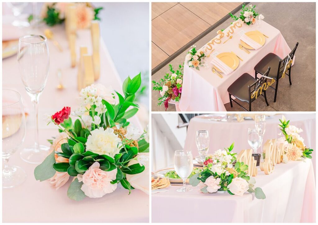 Wedding reception details of pink, red, and gold