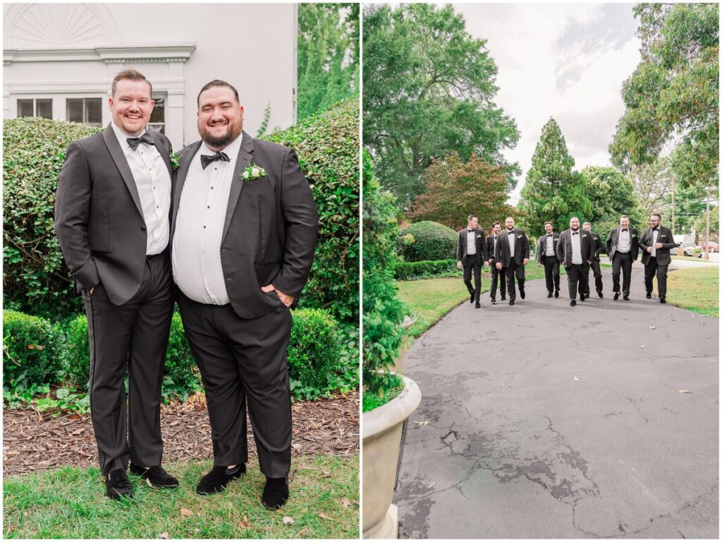 Groomsmen pictures on a stunning summer wedding day in black tuxes