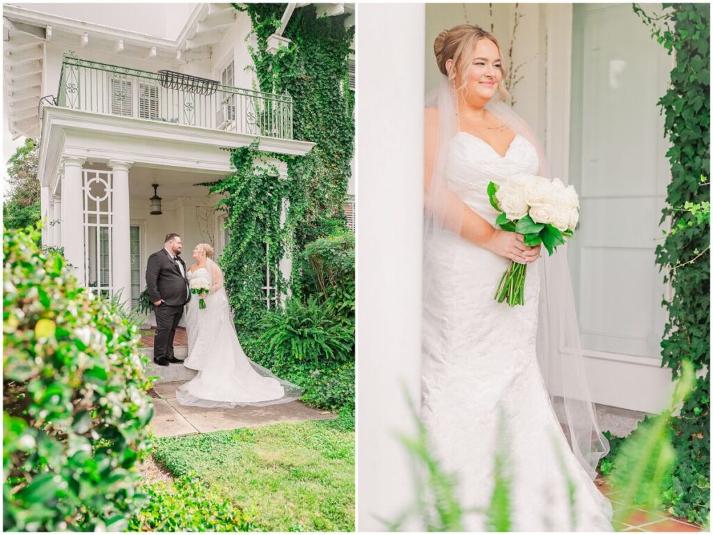 A first look on a stunning summer wedding day at The Finch House as the couple is surrounded by bright greenery by JoLynn Photography