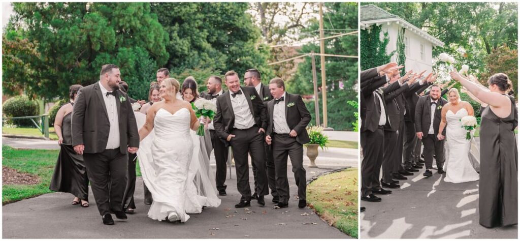A happy wedding party in all black during a beatiful wedding day