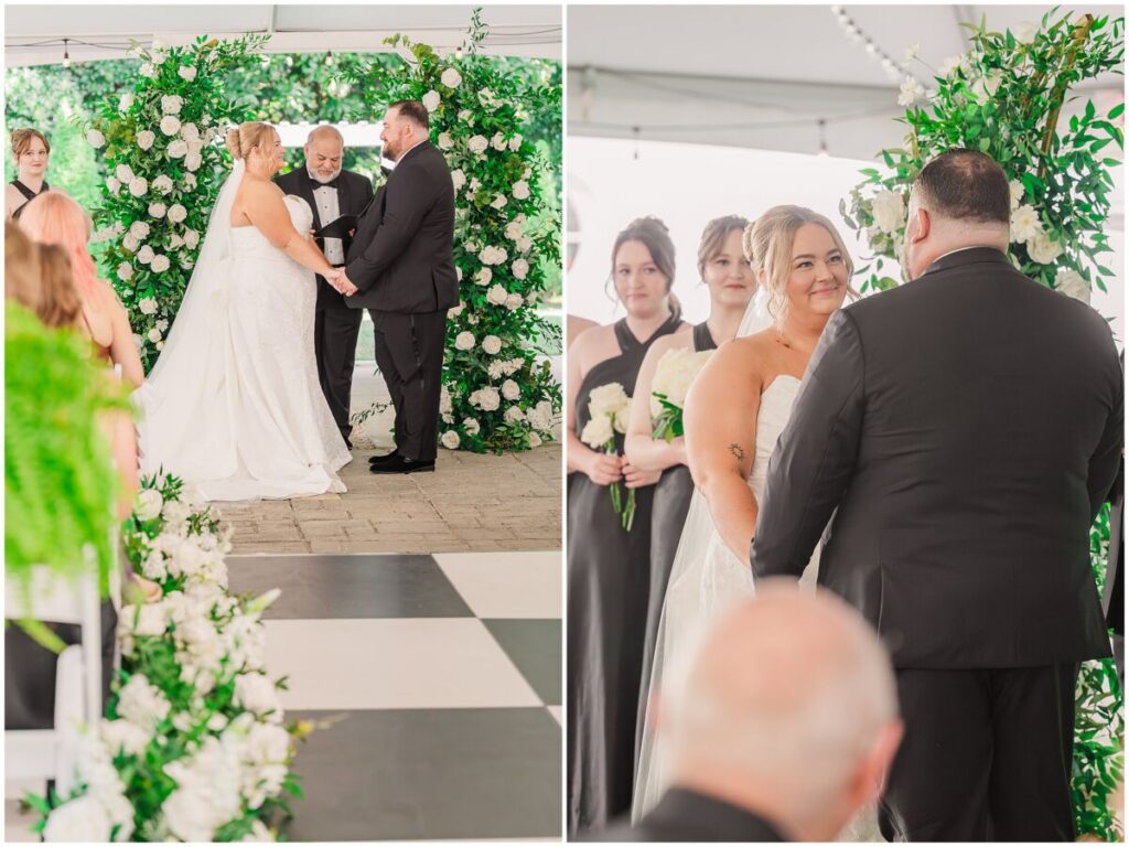 A happy couple getting married during their wedding ceremony