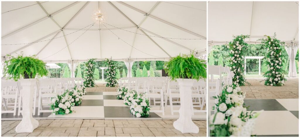 Gorgeous wedding reception details of bright greenery, white roses, and pops of black that line the aisle at The Finch House by JoLynn Photography