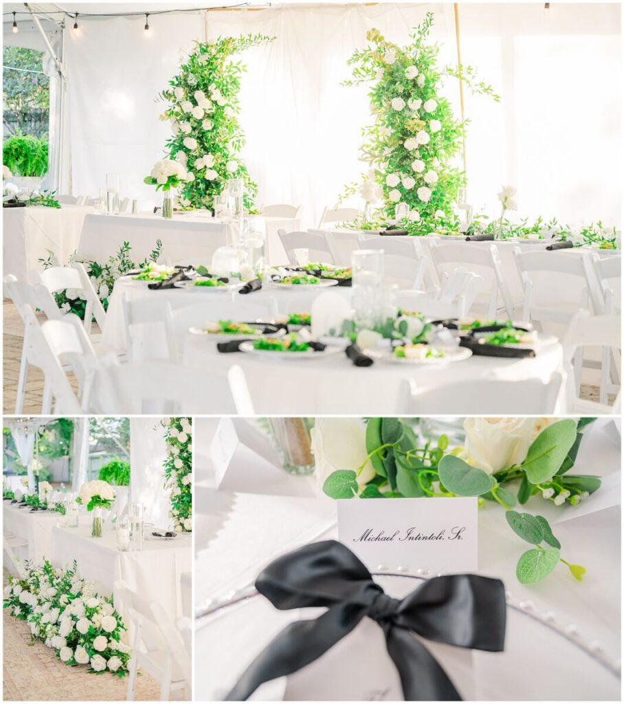 Stunning green, black, and white wedding reception details at The Finch House