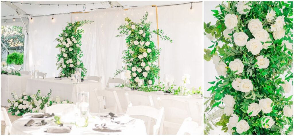 Stunning green, black, and white wedding reception details at The Finch House