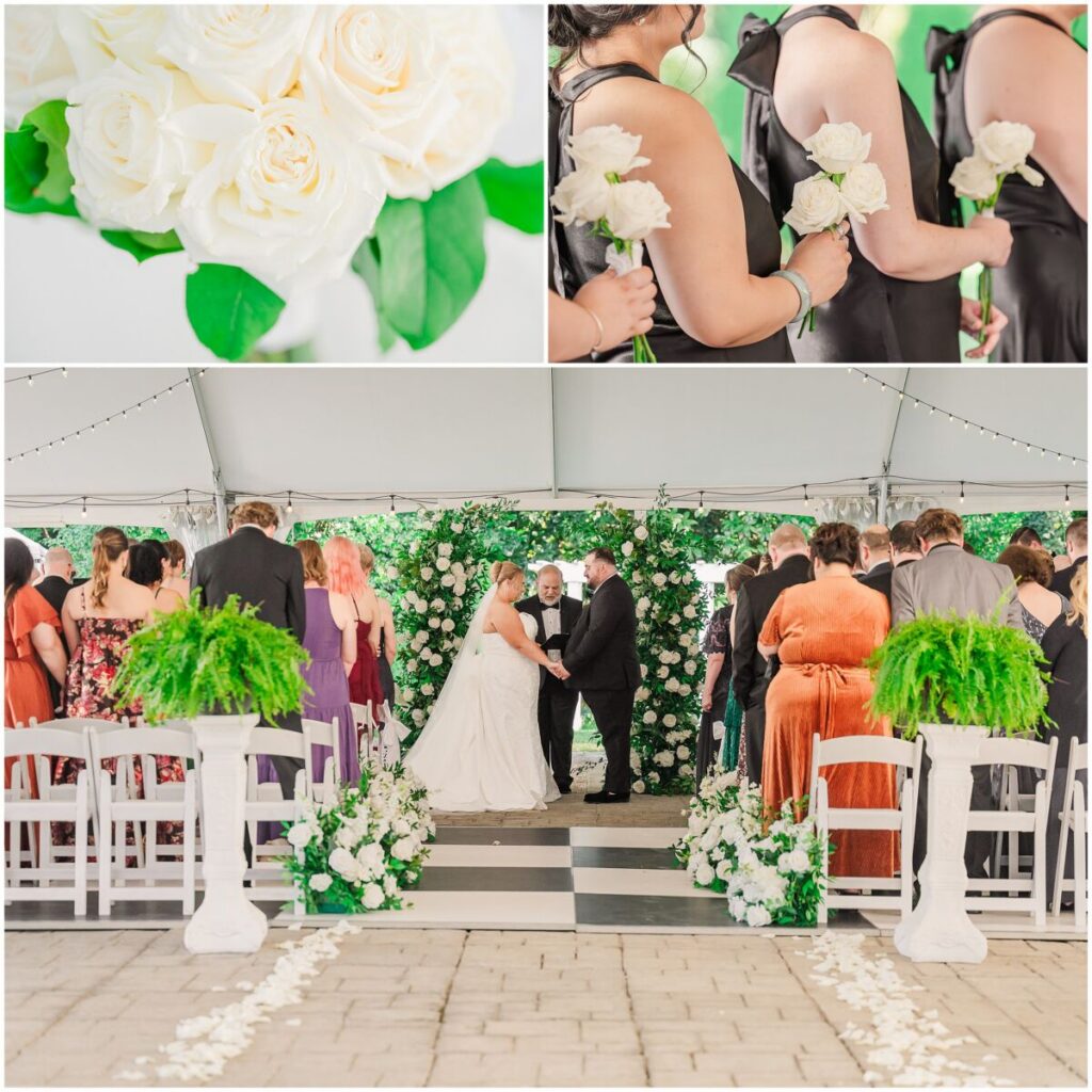 A happy couple getting married during their wedding ceremony
