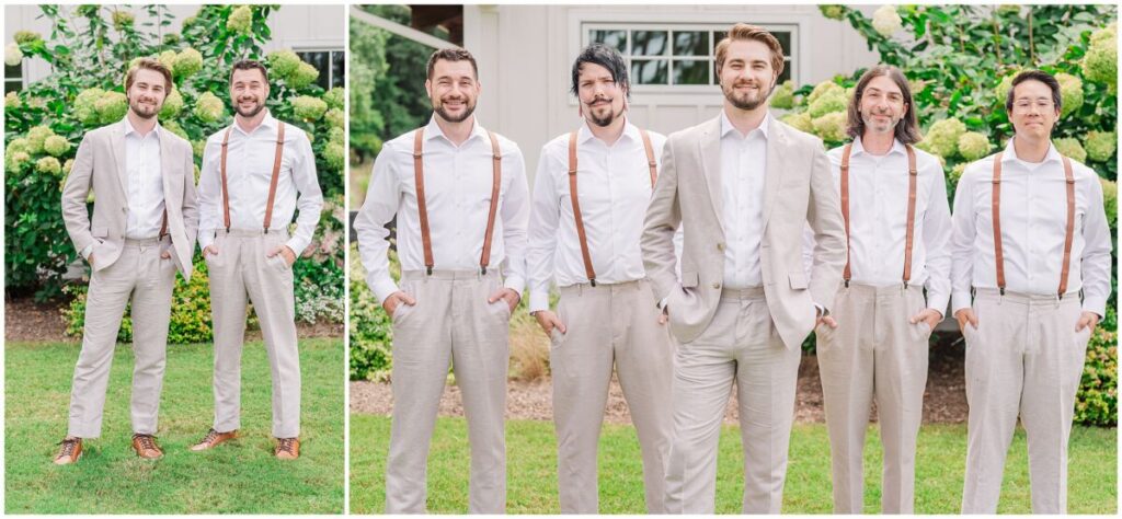 A brunette groom in a tan tux in front of glowing white and green hydrangeas during his summer wedding at The Pavilion at Carriage Farm by JoLynn Photography 