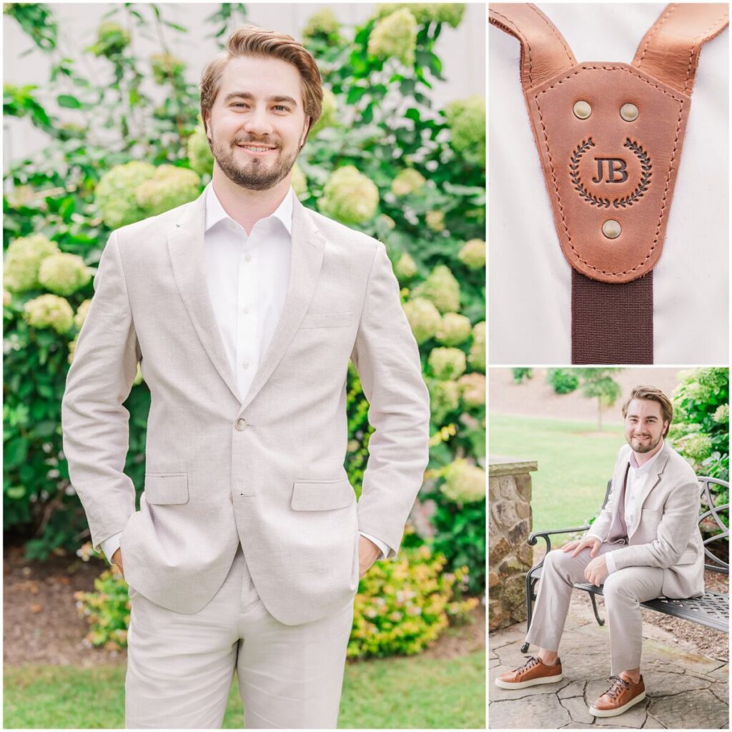 A brunette groom in a tan tux in front of glowing white and green hydrangeas during his summer wedding at The Pavilion at Carriage Farm by JoLynn Photography 
