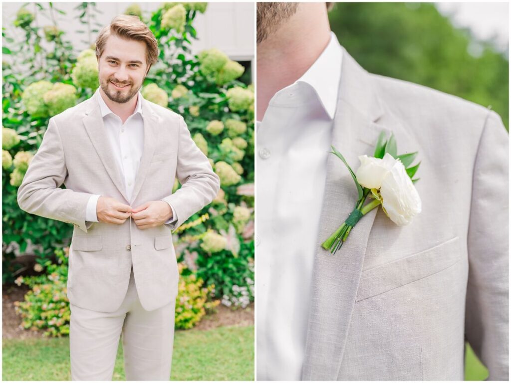 A brunette groom in a tan tux in front of glowing white and green hydrangeas during his summer wedding at The Pavilion at Carriage Farm by JoLynn Photography 