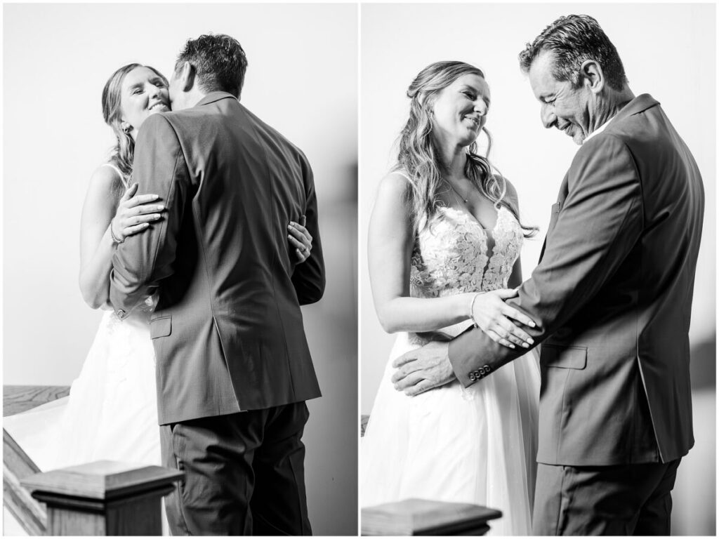 A first look with a bride and her father in a stairway