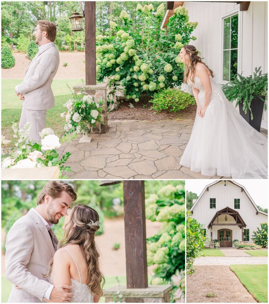 A bride and groom's first look under a porch