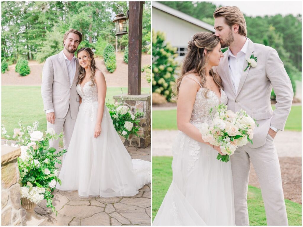 A bride and groom's first look under a porch