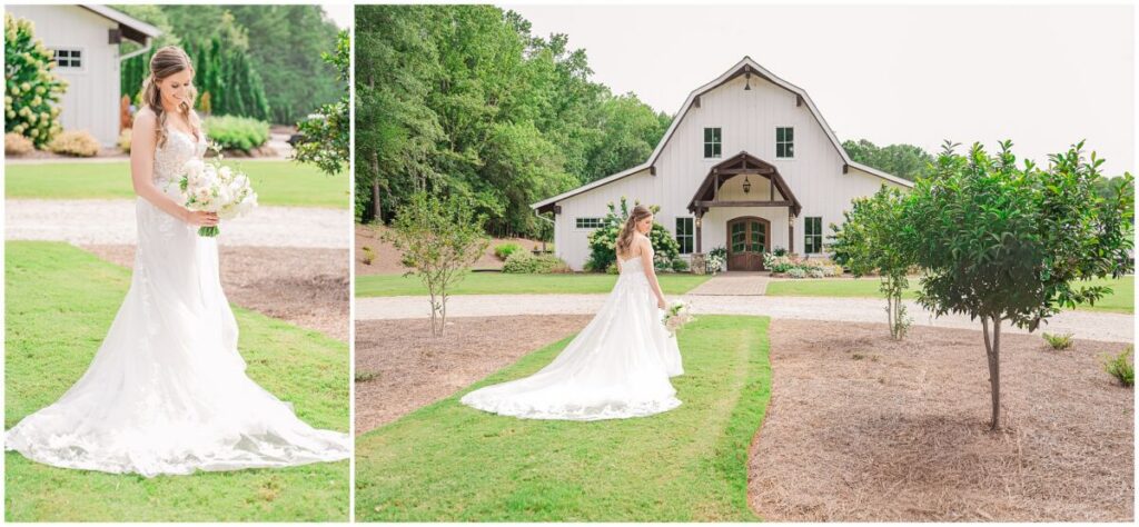 A glowing brunette bride during her bridal portrait session during her summer wedding by JoLynn Photography at The Pavilion at Carriage Farm