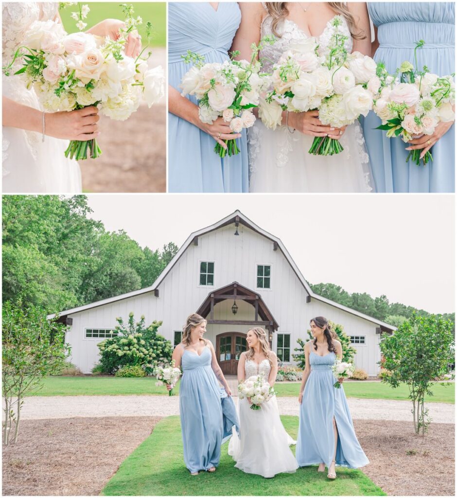 A glowing bride and her two bridesmaids having fun during their wedding party portraits at The Pavilion at Carriage Farm by JoLynn Photography