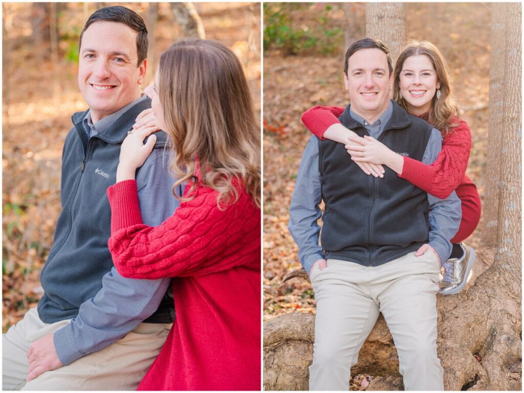 A happy couple snuggling on each other under bright orange leaves during their Yates Mill engagement photo session by JoLynn Photography