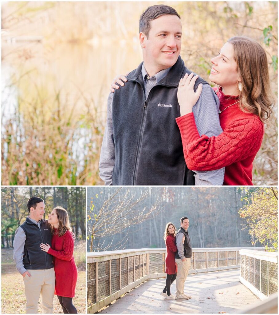 A happy couple enjoying their fall Yates Mill engagement session by JoLynn Photography