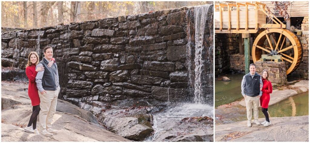 A happy brunette couple standing under a waterfall during their Yates Mill engagement photo session by JoLynn Photography