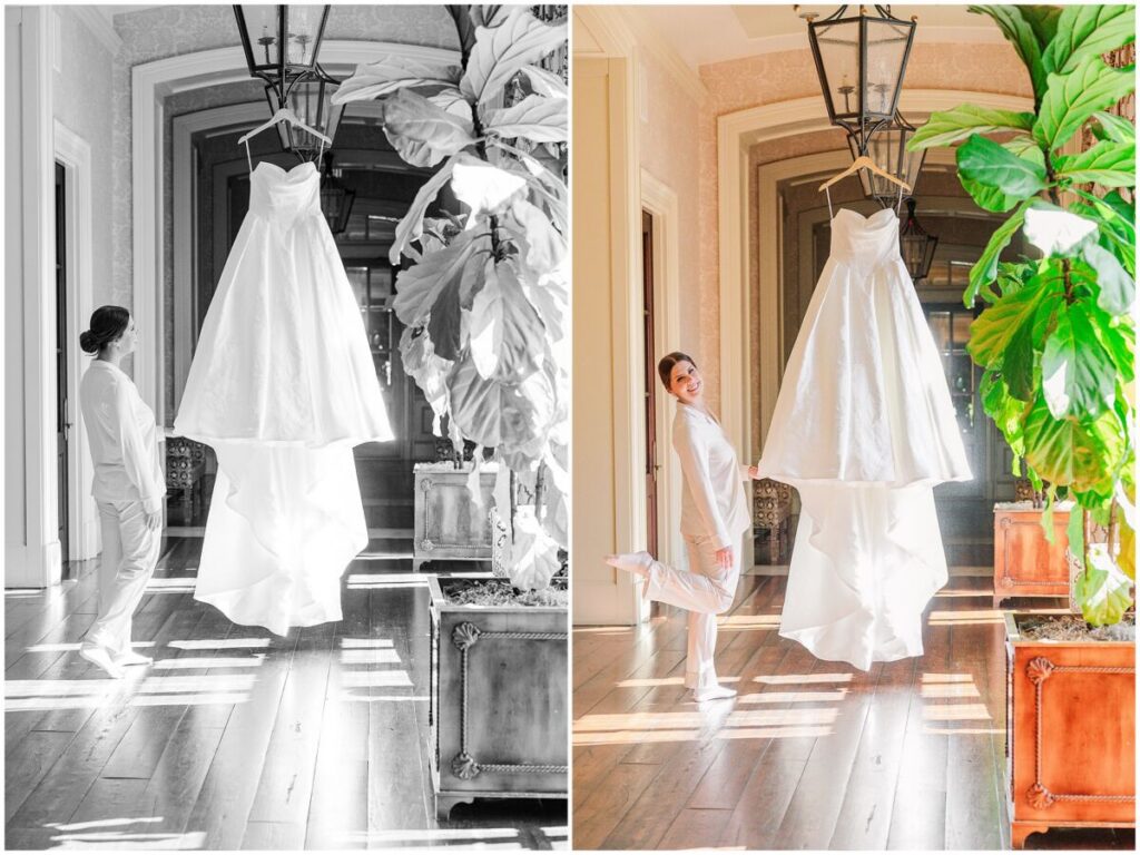 A stunning brunette bride trying on her wedding dress during her Cary wedding day by JoLynn Photography at The Prestonwood Country Club
