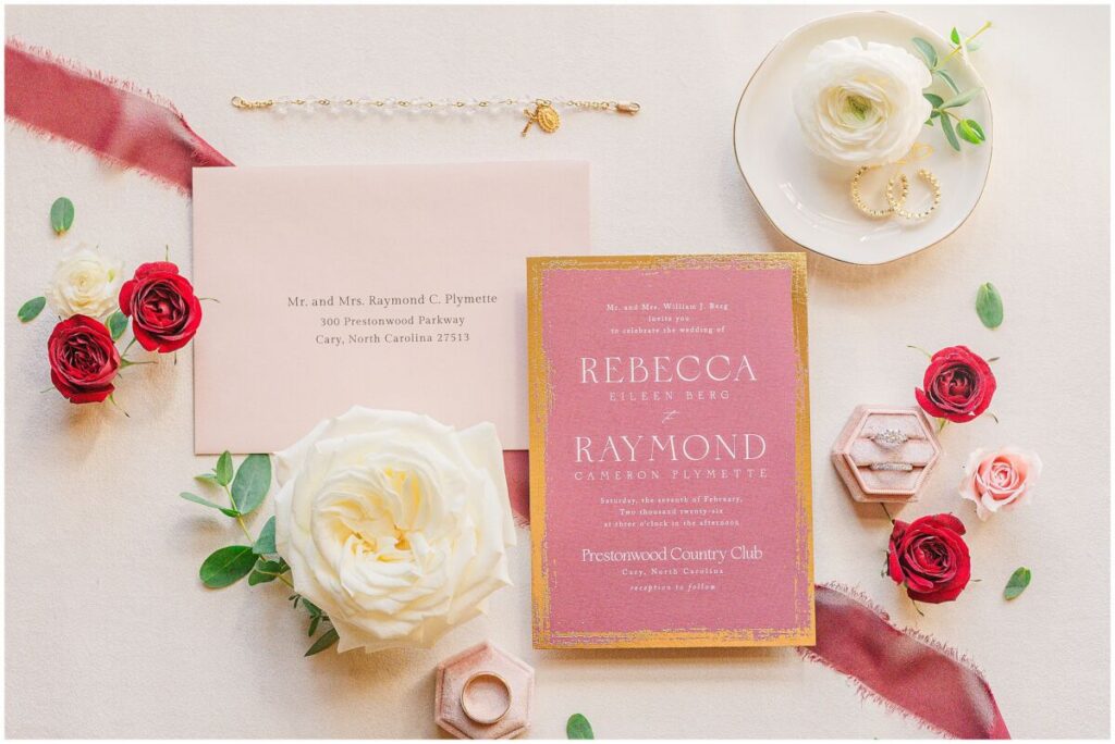 Rich red, pink, and gold wedding details for a classic Cary wedding by JoLynn Photography