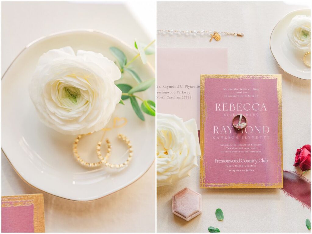 Rich red, pink, and gold wedding details for a classic Cary wedding by JoLynn Photography