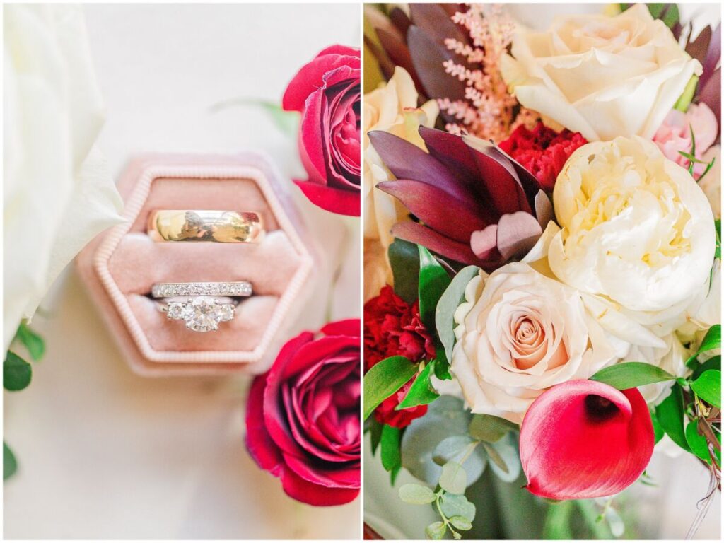 Rich red, pink, and gold wedding details for a classic Cary wedding by JoLynn Photography