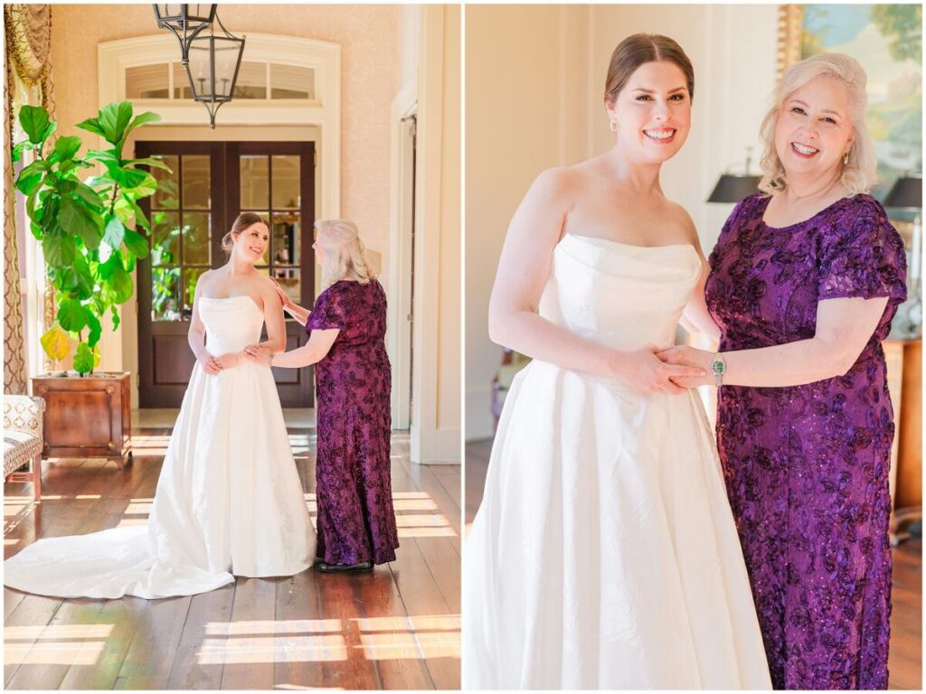 A stunning brunette bride trying on her wedding dress during her Cary wedding day by JoLynn Photography at The Prestonwood Country Club