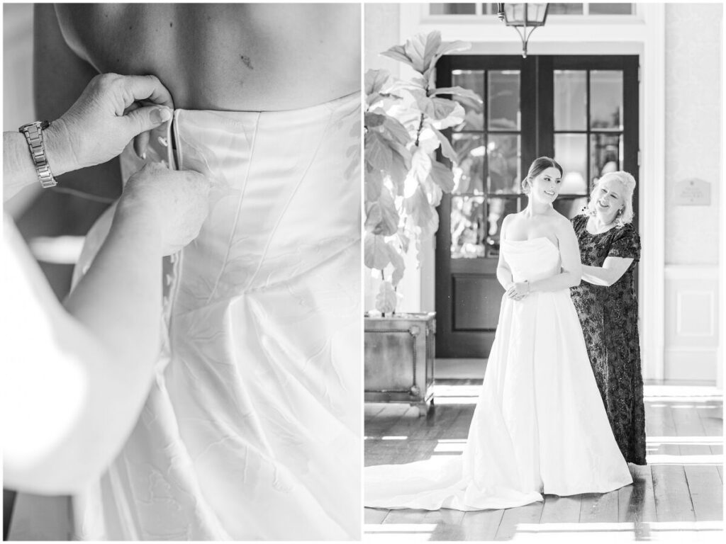 A stunning brunette bride trying on her wedding dress during her Cary wedding day by JoLynn Photography at The Prestonwood Country Club