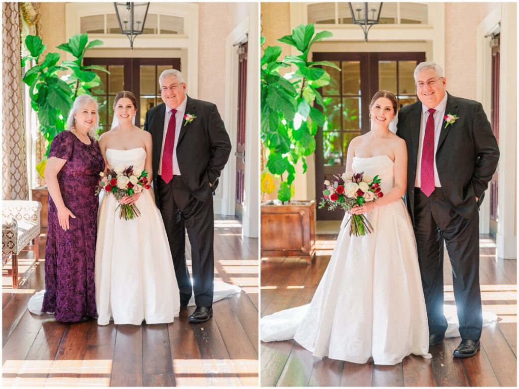 A glowing bride enjoying family portraits with her mom and dad in the classic hallway of a country club venue in Cary North Carolina