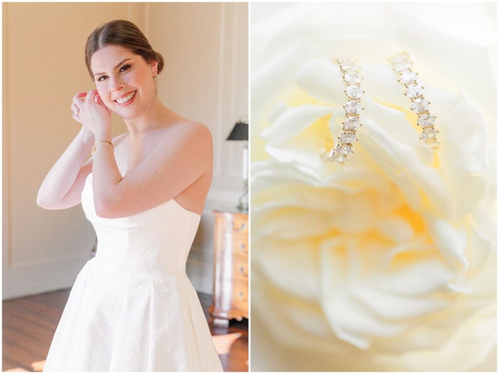 A glowing bride getting ready for her Cary wedding in February by JoLynn Photography