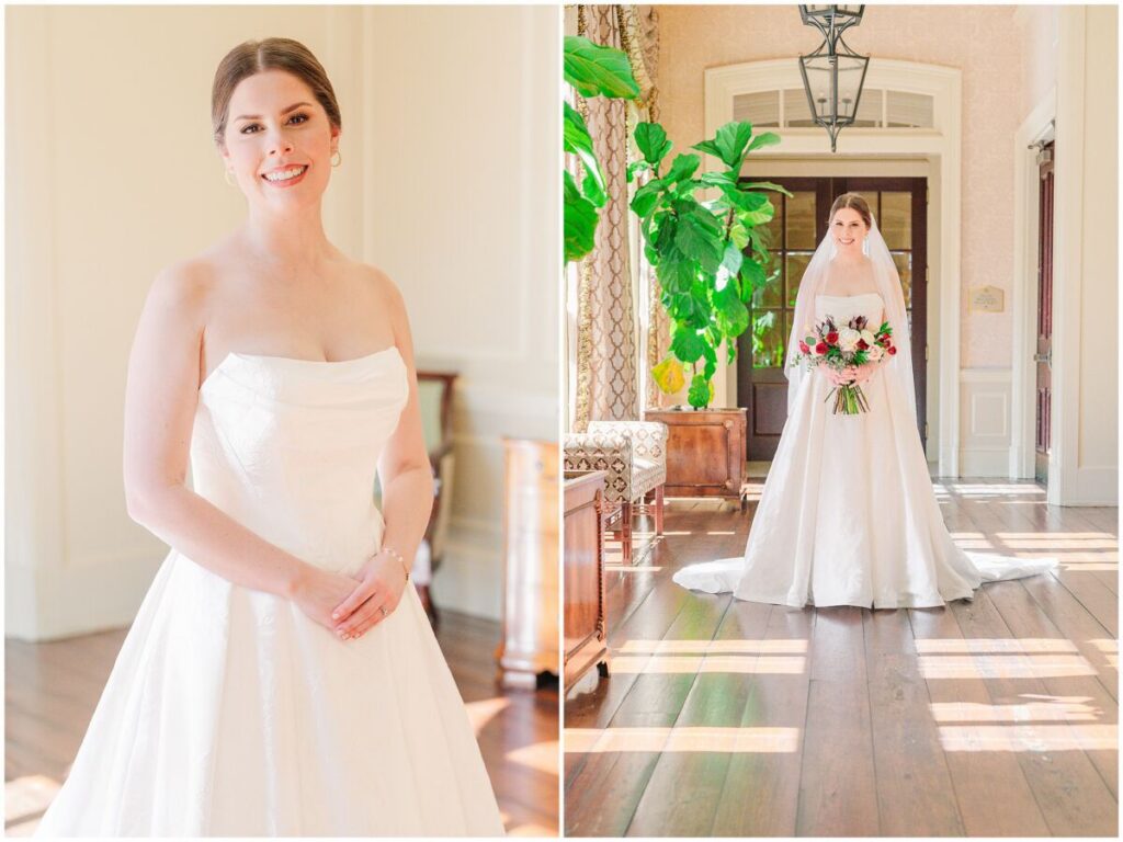 A glowing brunette bride enjoying her Cary wedding at a country club venue during the winter by JoLynn Photography
