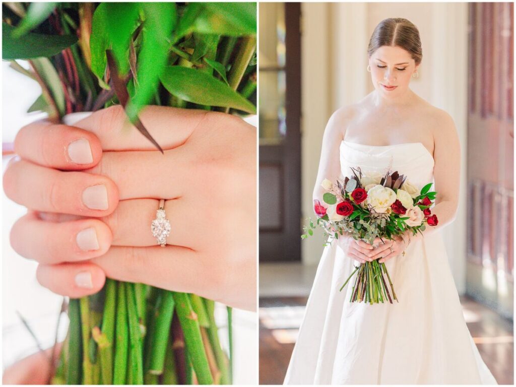 A glowing brunette bride enjoying her Cary wedding at a country club venue during the winter by JoLynn Photography