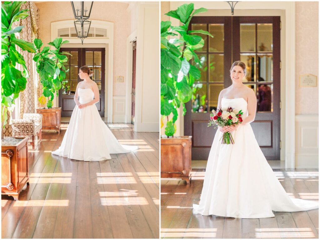 A glowing brunette bride enjoying her Cary wedding at a country club venue during the winter by JoLynn Photography