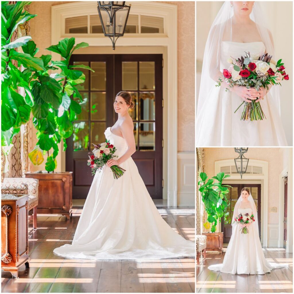 A glowing brunette bride enjoying her Cary wedding at a country club venue during the winter by JoLynn Photography