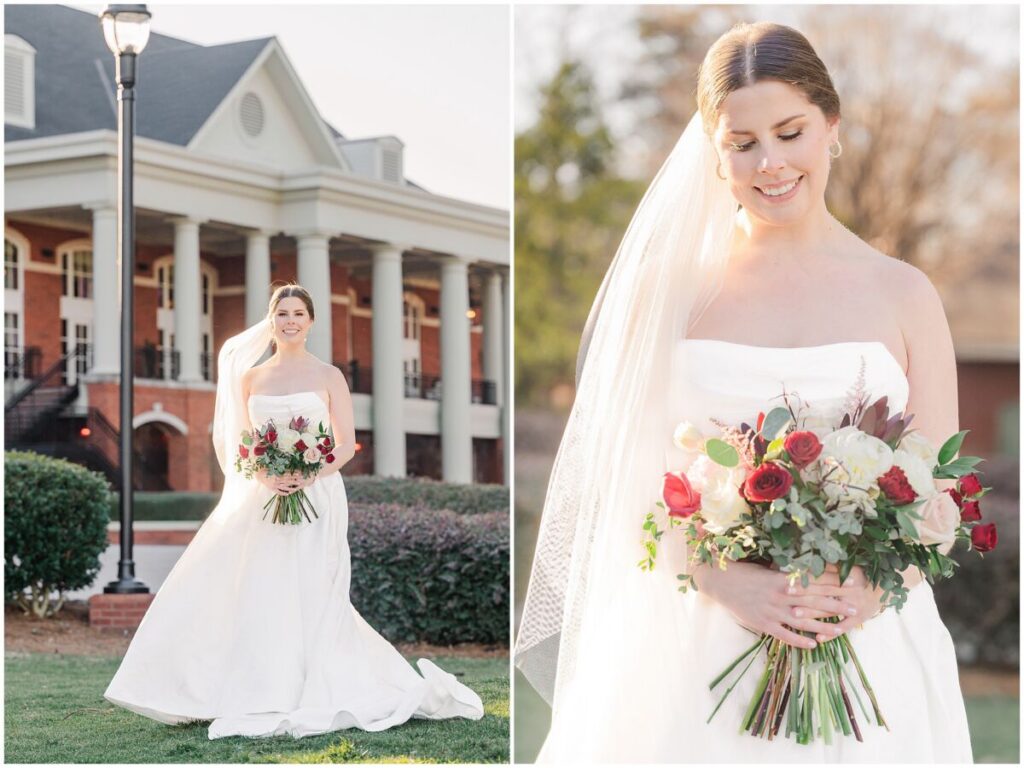 A glowing brunette bride enjoying her Cary wedding at a country club venue during the winter by JoLynn Photography