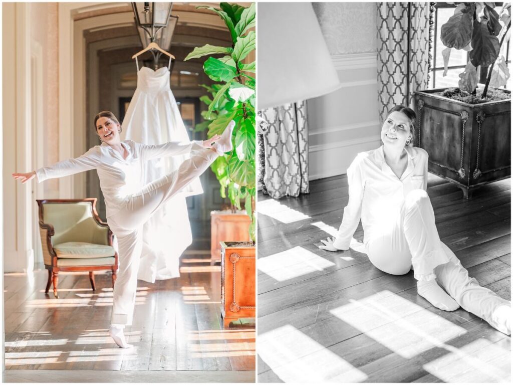A stunning brunette bride trying on her wedding dress during her Cary wedding day by JoLynn Photography at The Prestonwood Country Club