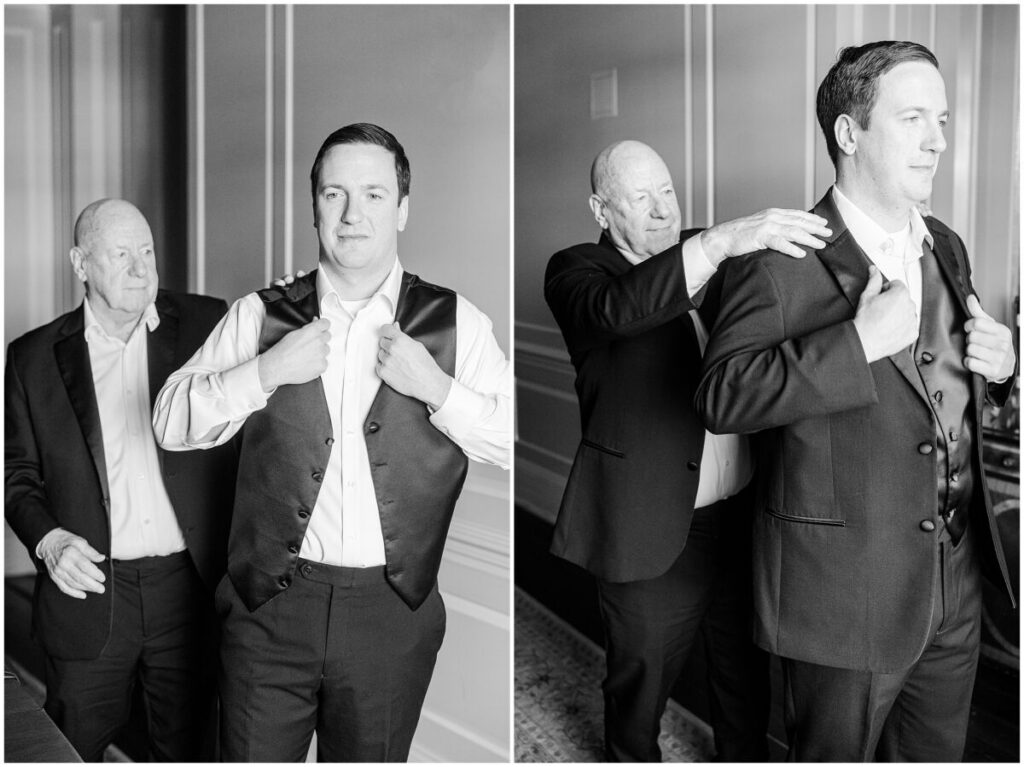 A groom getting ready with his dad on his wedding day