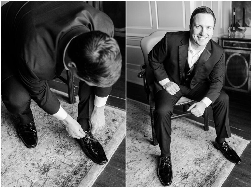 A groom getting ready with his dad on his wedding day