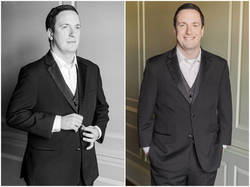 A groom getting ready with his dad on his wedding day