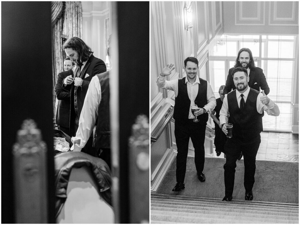 Groomsmen on a wedding day having fun when they get ready