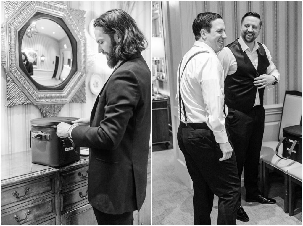 Groomsmen on a wedding day having fun when they get ready